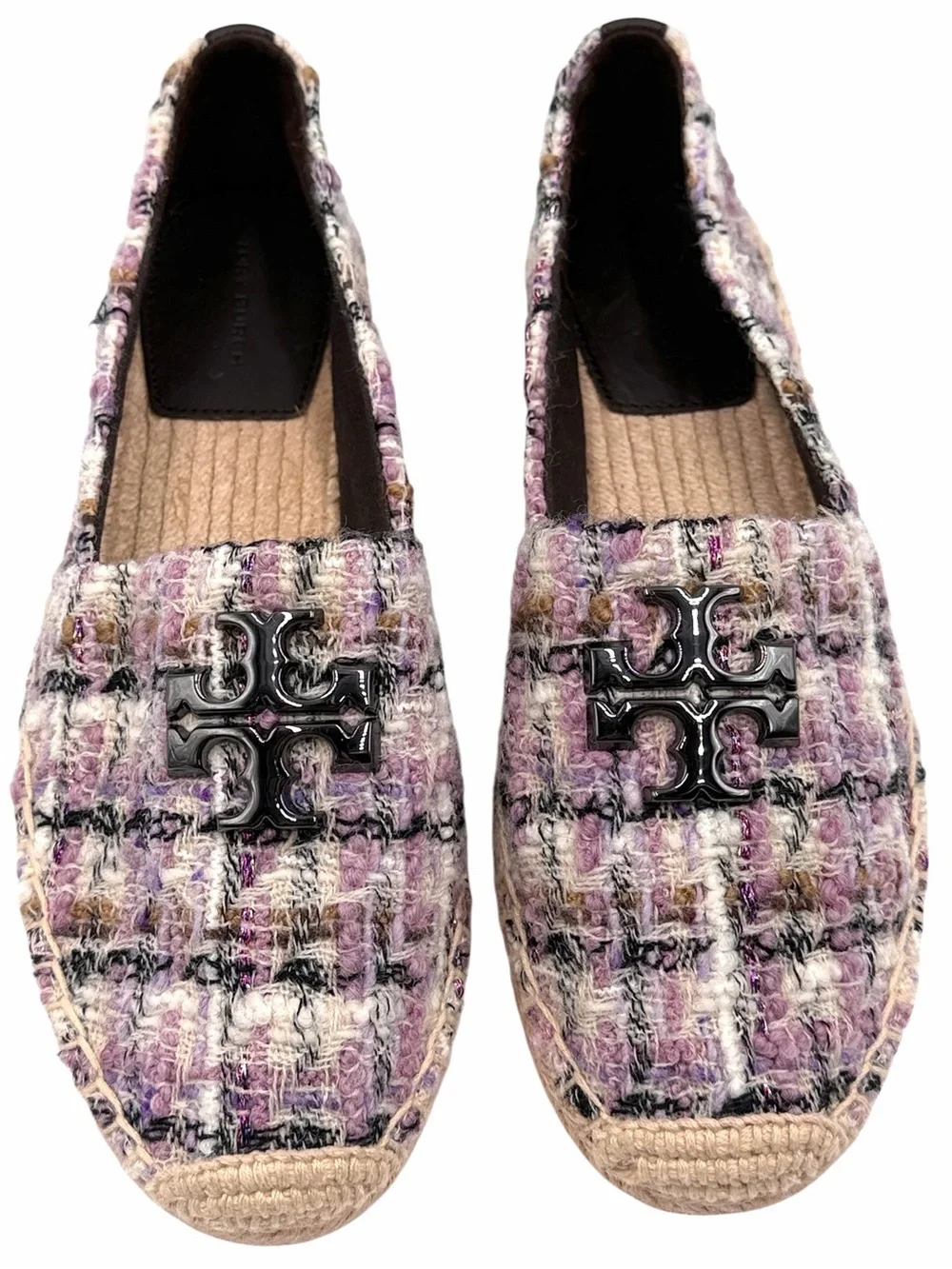 Tory Burch Everly Tweed Espadrille Slip-On Flats Double T Logo Size 8